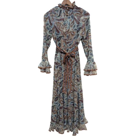 La Fuori Embroidered Sequin Paisley Silk Midi Dress Small – Ruffle Hem Rare Boho - Picture 7 of 11